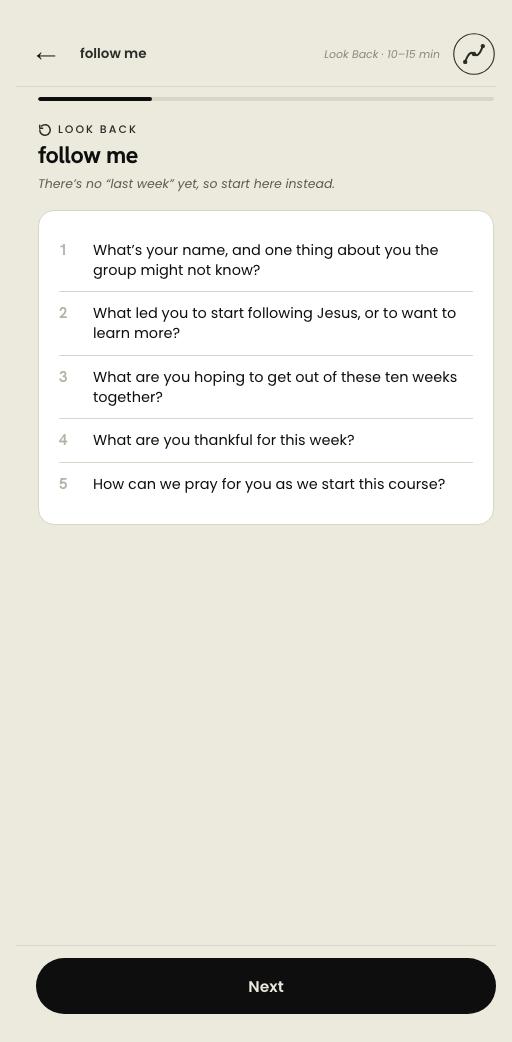 The Look Back screen, showing a set of check-in questions