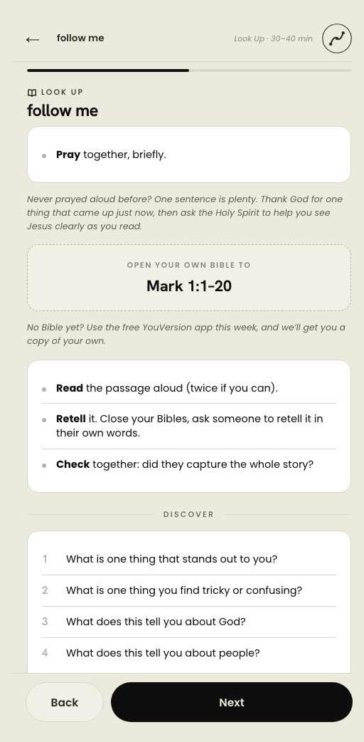 The Look Up screen, showing a Bible passage reference and discovery questions
